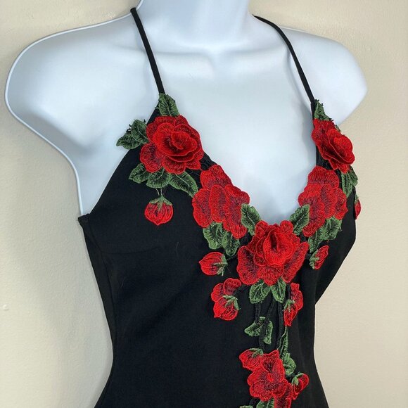 Vintage 90s Vampy Slip Dress Small 3D Floral Gothic Rose Bodycon Party Cocktail - Picture 2 of 11